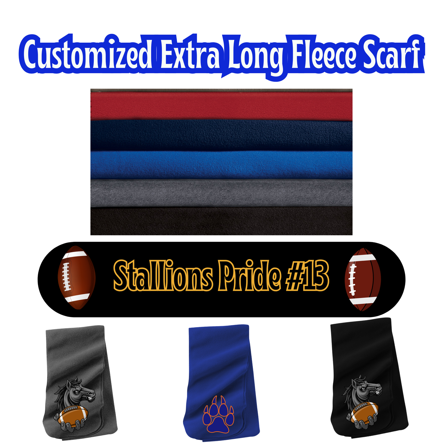 Custom Extra Long Fleece Scarf  Team Scarf - 80"x10" Sports Scarf with Logo Embroidery