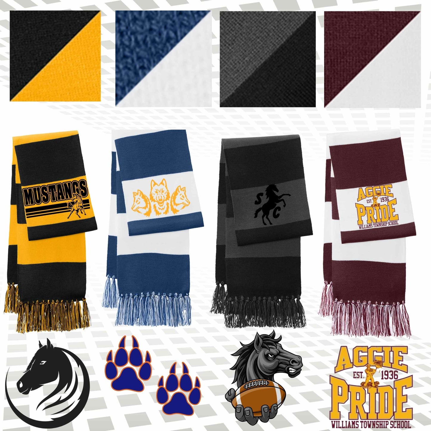 Custom Fringed Team Scarf - 61" x 8" Sports Scarf with Logo Embroidery