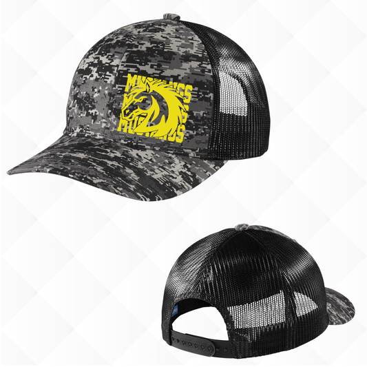 Mustangs Mascot Side Image Black Camo Trucker Hat