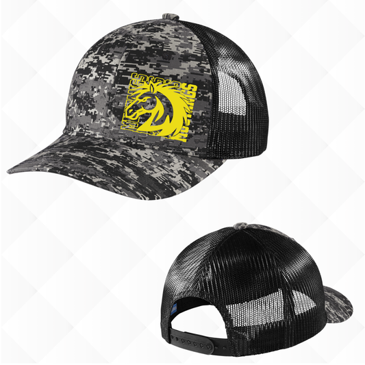 Mustangs Mascot Side Image Black Camo Trucker Hat